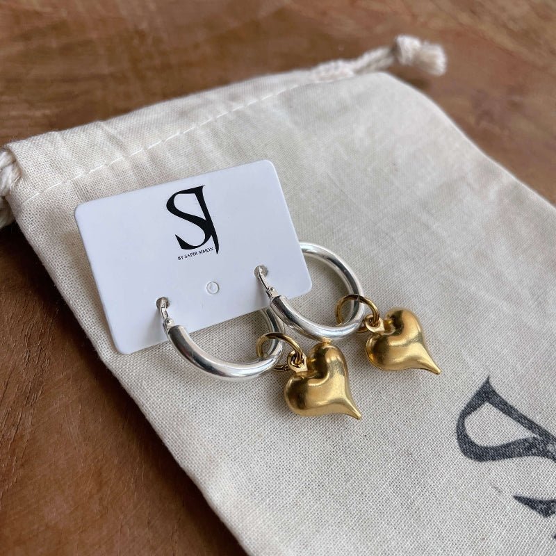 עגילי לב כסף וזהב - SAPIRZ Jewelry